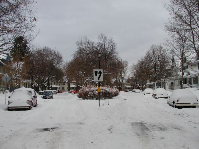 Picture Rochester NY New York Begin Here Sumner Park rows of houses, cars, and the street blanketed in snow after Christmas snowstorm, January 1st 2003 POD Rochester NY New York Picture Of The Day December view picture photo image pictures photos images, January 1st 2003 POD