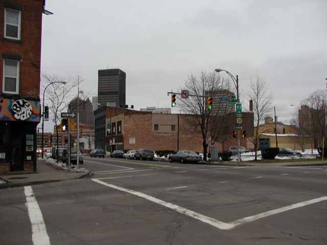 Picture Rochester NY New York The Bug Jar South Union Street and Monroe Avenue. Bausch and Lomb, Lincoln Tower, Xerox Tower, a bit of Midtown Plaza, HSBC, and Manhattan Square Apartments visible in the skyline. January 3rd 2003 POD Rochester NY New York Picture Of The Day December view picture photo image pictures photos images, January 3rd 2003 POD