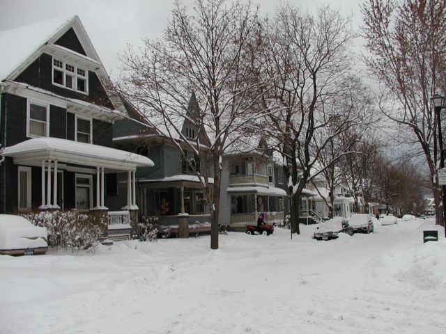 Picture Rochester NY New York Sumner Park rows of houses, cars, and the street blanketed in snow after Christmas snowstorm, December 30th 2002 POD Rochester NY New York Picture Of The Day December view picture photo image pictures photos images, December 30th 2002 POD
