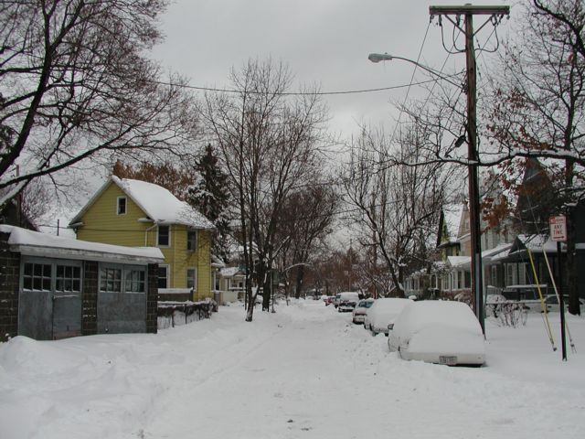Picture Rochester NY New York The end, view from east side of South Goodmans St, from the west end of the dead end portion of Richard Street. rows of houses, cars, and the street blanketed in snow after Christmas snowstorm, December 31st 2002 POD Rochester NY New York Picture Of The Day December view picture photo image pictures photos images, December 31st 2002 POD